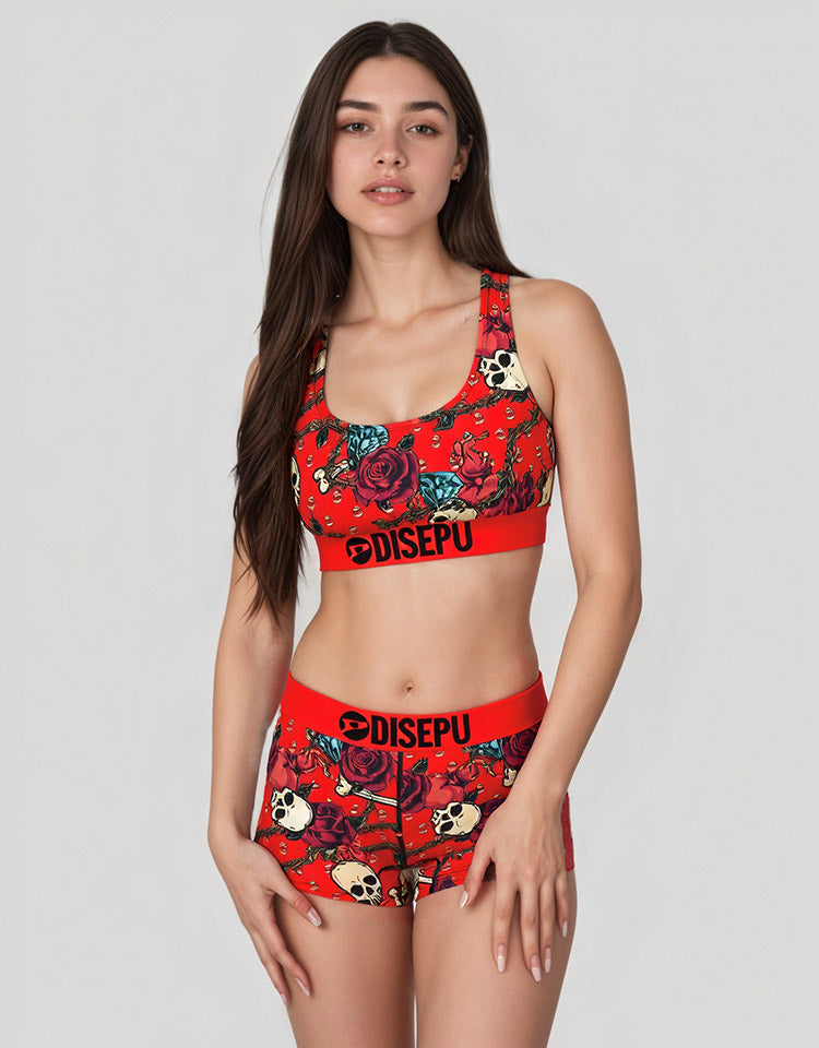 Red Rose Sports Bra Shorts Set