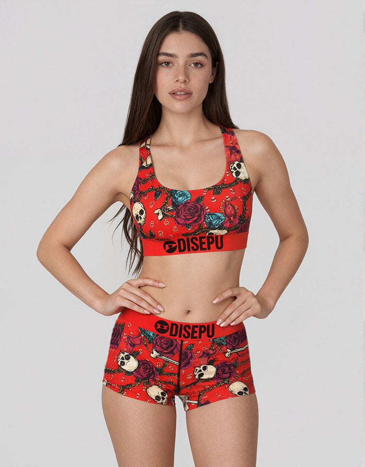 Red Rose Sports Bra Shorts Set