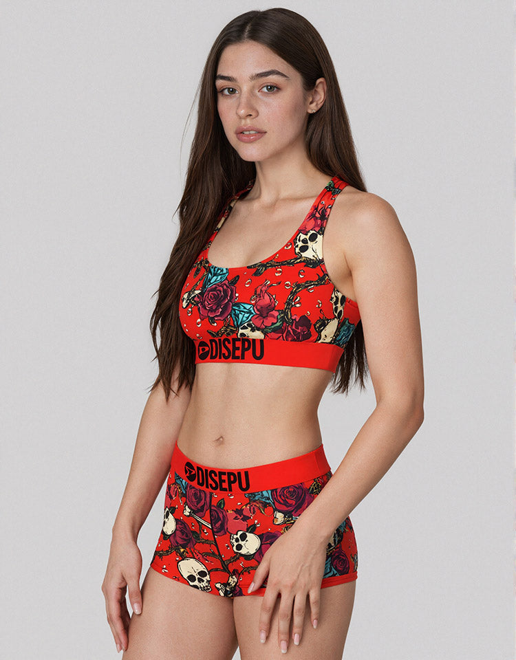 Red Rose Sports Bra Shorts Set